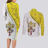 Vatican City Couples Matching Long Sleeve Bodycon Dress and Long Sleeve Button Shirt Papal Keys & Tiara Emblem with Gold Baroque Pattern
