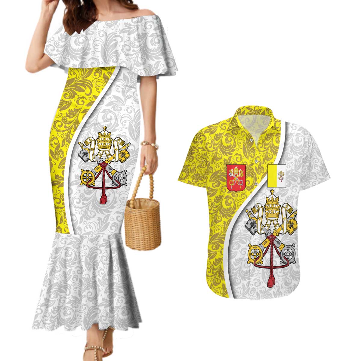Vatican City Couples Matching Mermaid Dress and Hawaiian Shirt Papal Keys & Tiara Emblem with Gold Baroque Pattern