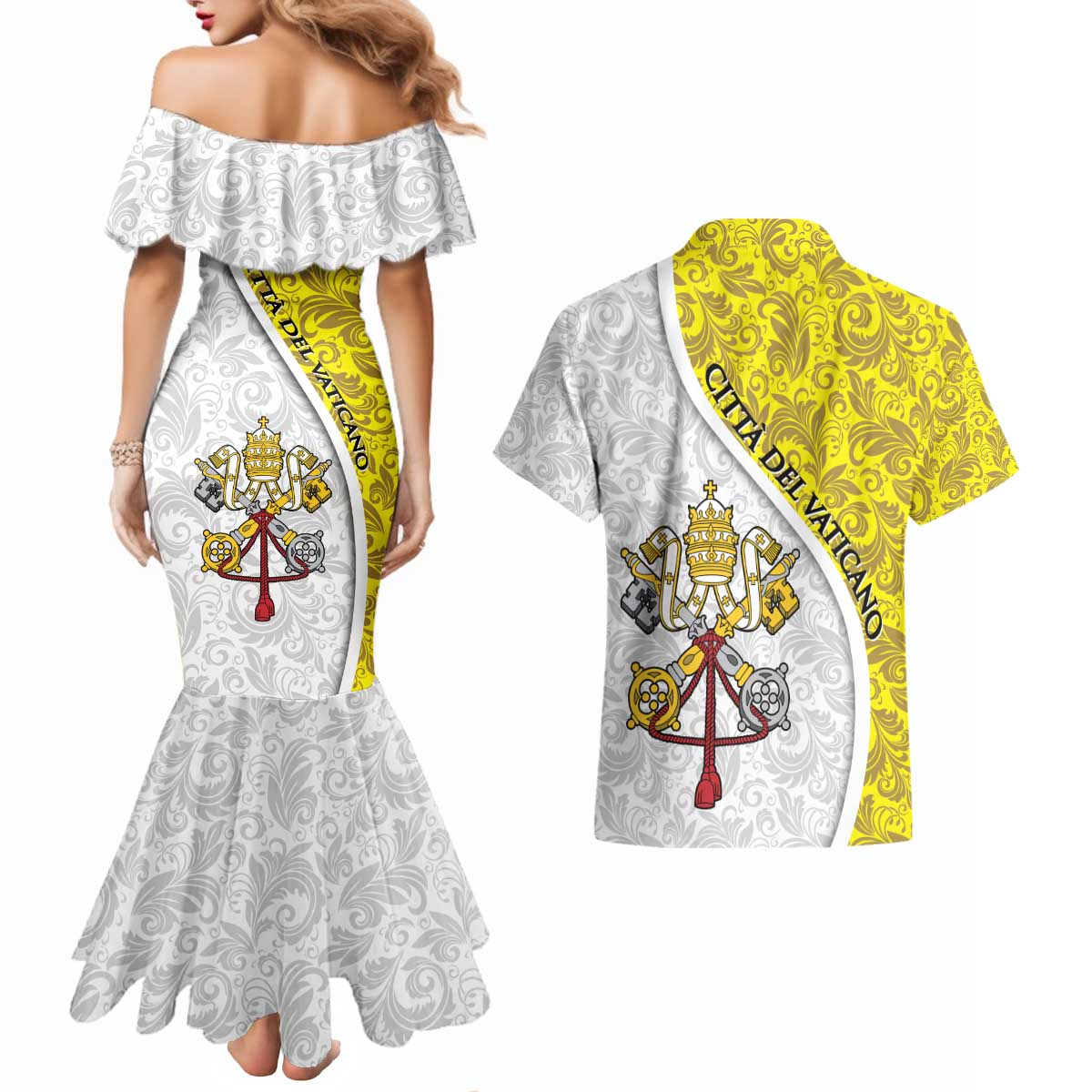 Vatican City Couples Matching Mermaid Dress and Hawaiian Shirt Papal Keys & Tiara Emblem with Gold Baroque Pattern