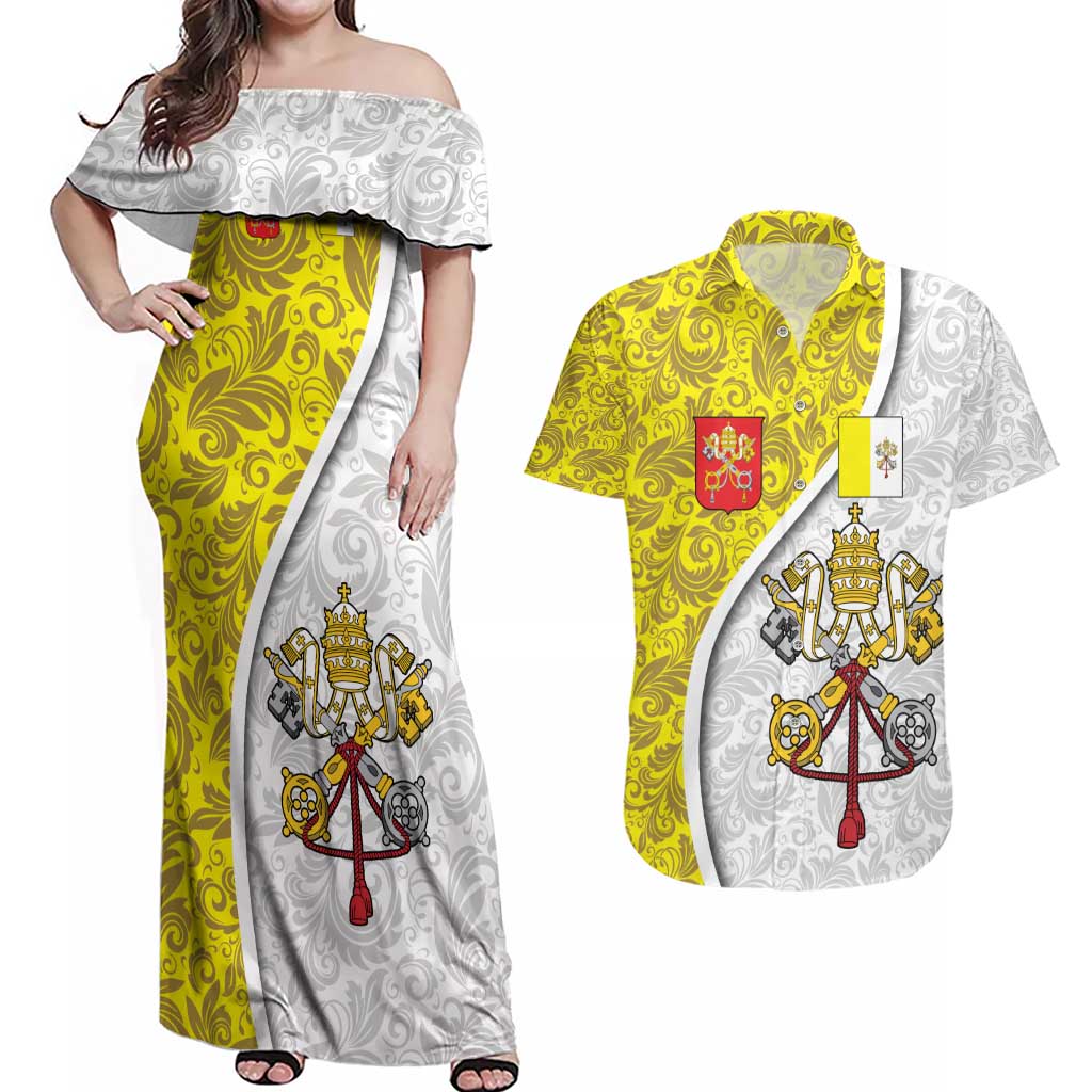 Vatican City Couples Matching Off Shoulder Maxi Dress and Hawaiian Shirt Papal Keys & Tiara Emblem with Gold Baroque Pattern
