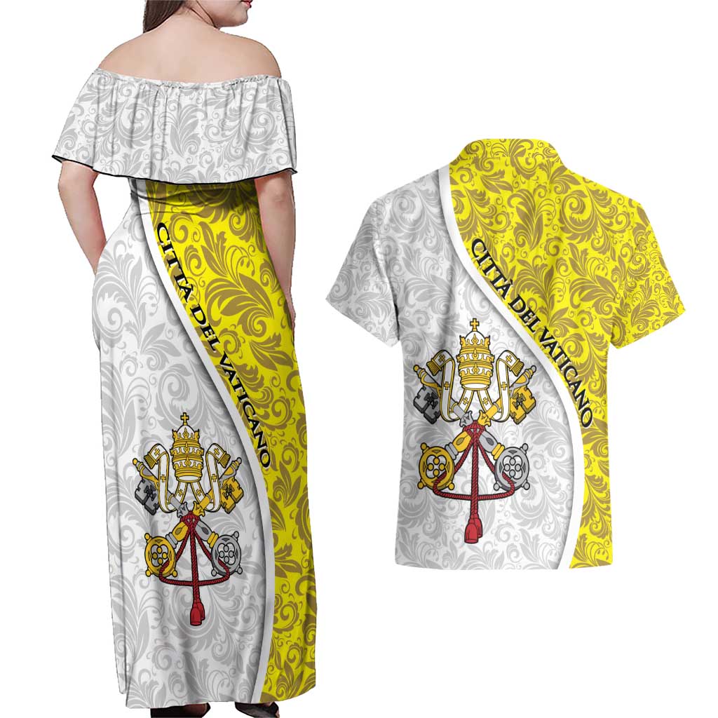 Vatican City Couples Matching Off Shoulder Maxi Dress and Hawaiian Shirt Papal Keys & Tiara Emblem with Gold Baroque Pattern