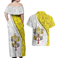 Vatican City Couples Matching Off Shoulder Maxi Dress and Hawaiian Shirt Papal Keys & Tiara Emblem with Gold Baroque Pattern