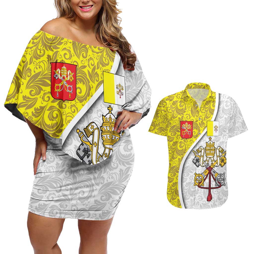 Vatican City Couples Matching Off Shoulder Short Dress and Hawaiian Shirt Papal Keys & Tiara Emblem with Gold Baroque Pattern