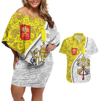Vatican City Couples Matching Off Shoulder Short Dress and Hawaiian Shirt Papal Keys & Tiara Emblem with Gold Baroque Pattern