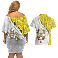 Vatican City Couples Matching Off Shoulder Short Dress and Hawaiian Shirt Papal Keys & Tiara Emblem with Gold Baroque Pattern