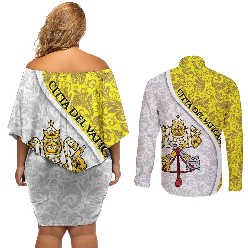 Vatican City Couples Matching Off Shoulder Short Dress and Long Sleeve Button Shirt Papal Keys & Tiara Emblem with Gold Baroque Pattern