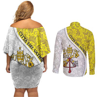 Vatican City Couples Matching Off Shoulder Short Dress and Long Sleeve Button Shirt Papal Keys & Tiara Emblem with Gold Baroque Pattern