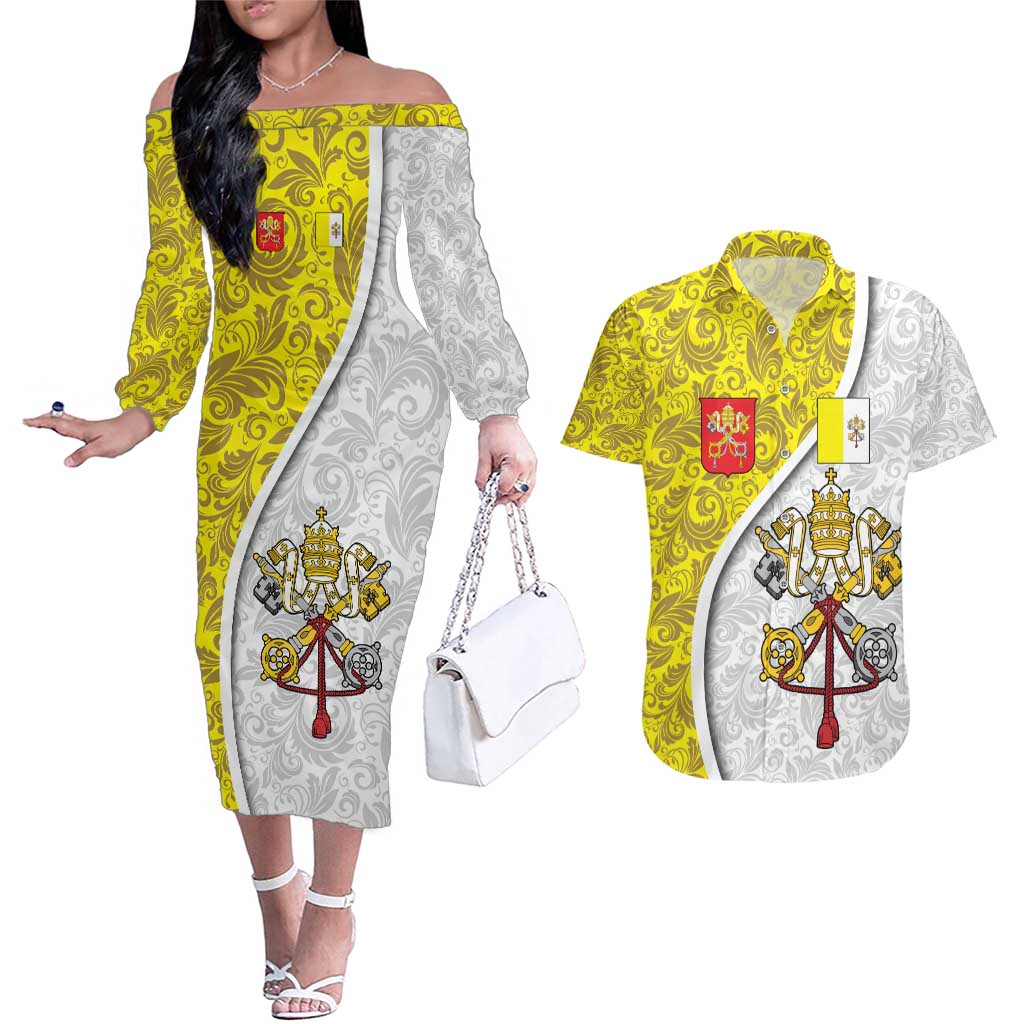 Vatican City Couples Matching Off The Shoulder Long Sleeve Dress and Hawaiian Shirt Papal Keys & Tiara Emblem with Gold Baroque Pattern