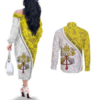 Vatican City Couples Matching Off The Shoulder Long Sleeve Dress and Long Sleeve Button Shirt Papal Keys & Tiara Emblem with Gold Baroque Pattern