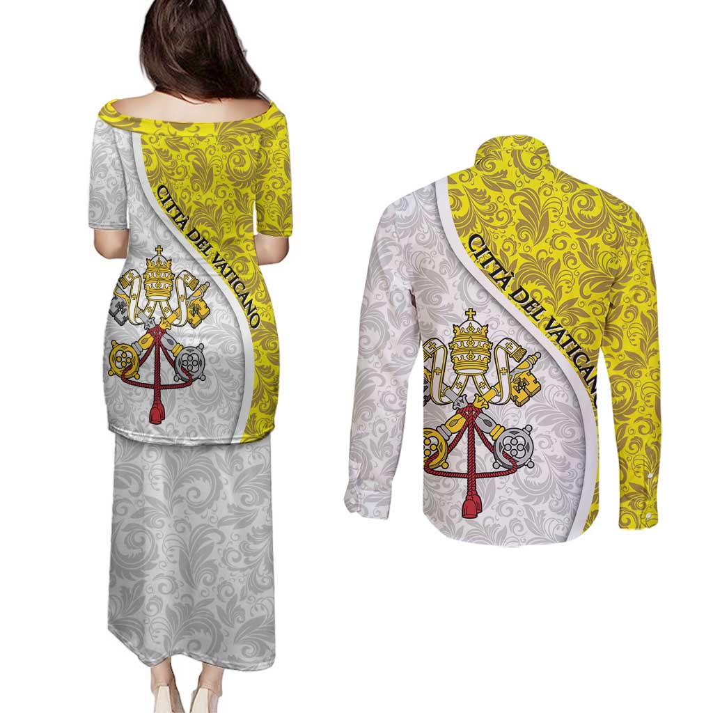 Vatican City Couples Matching Puletasi and Long Sleeve Button Shirt Papal Keys & Tiara Emblem with Gold Baroque Pattern