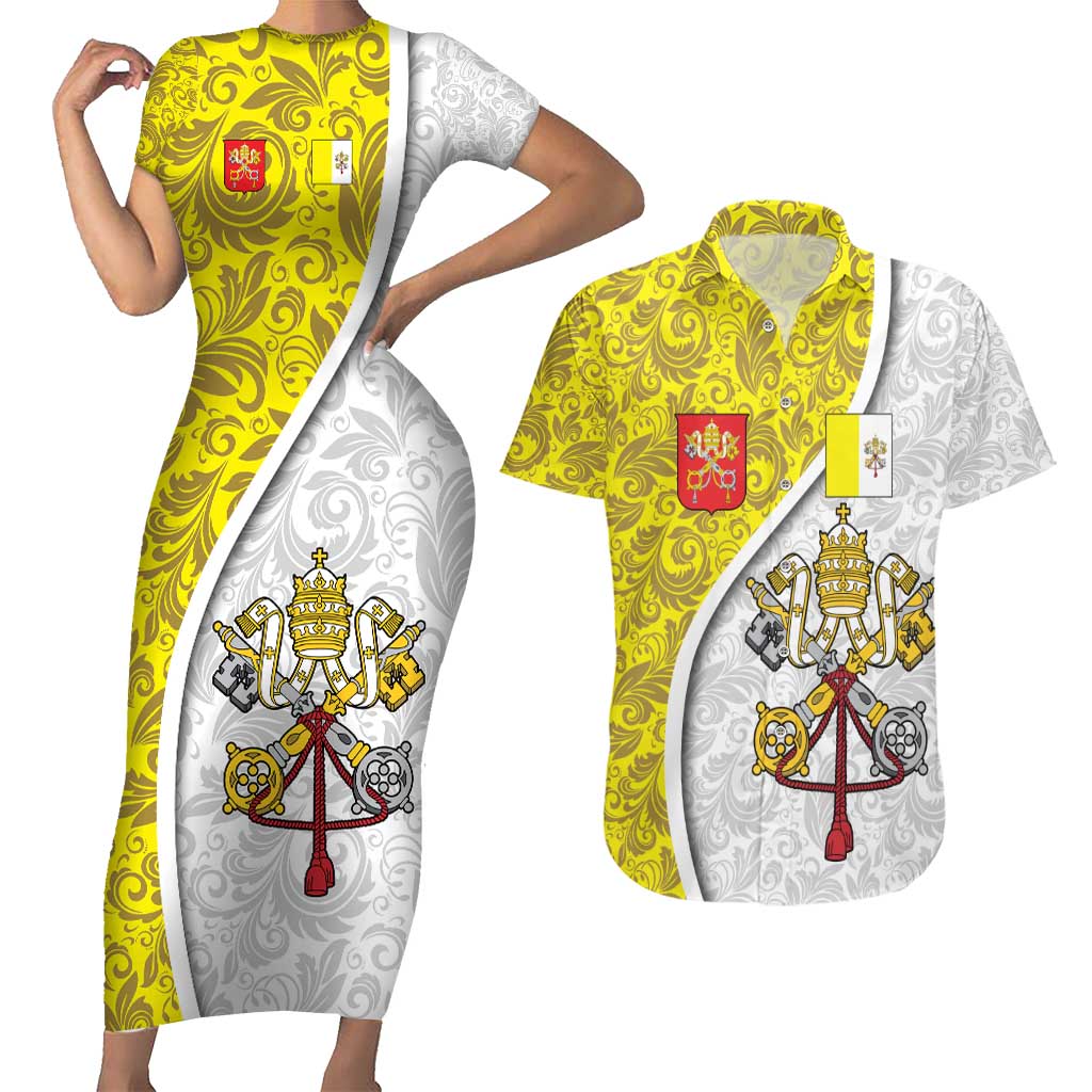 Vatican City Couples Matching Short Sleeve Bodycon Dress and Hawaiian Shirt Papal Keys & Tiara Emblem with Gold Baroque Pattern