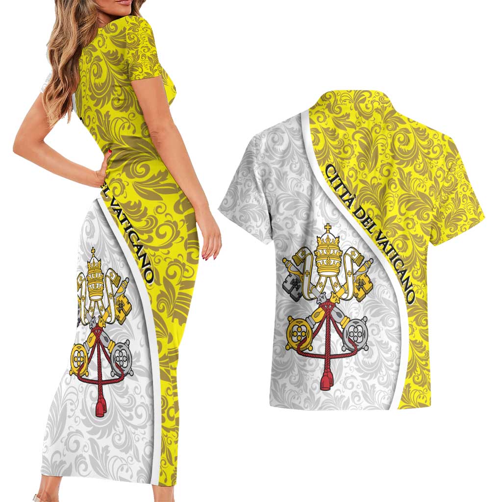 Vatican City Couples Matching Short Sleeve Bodycon Dress and Hawaiian Shirt Papal Keys & Tiara Emblem with Gold Baroque Pattern
