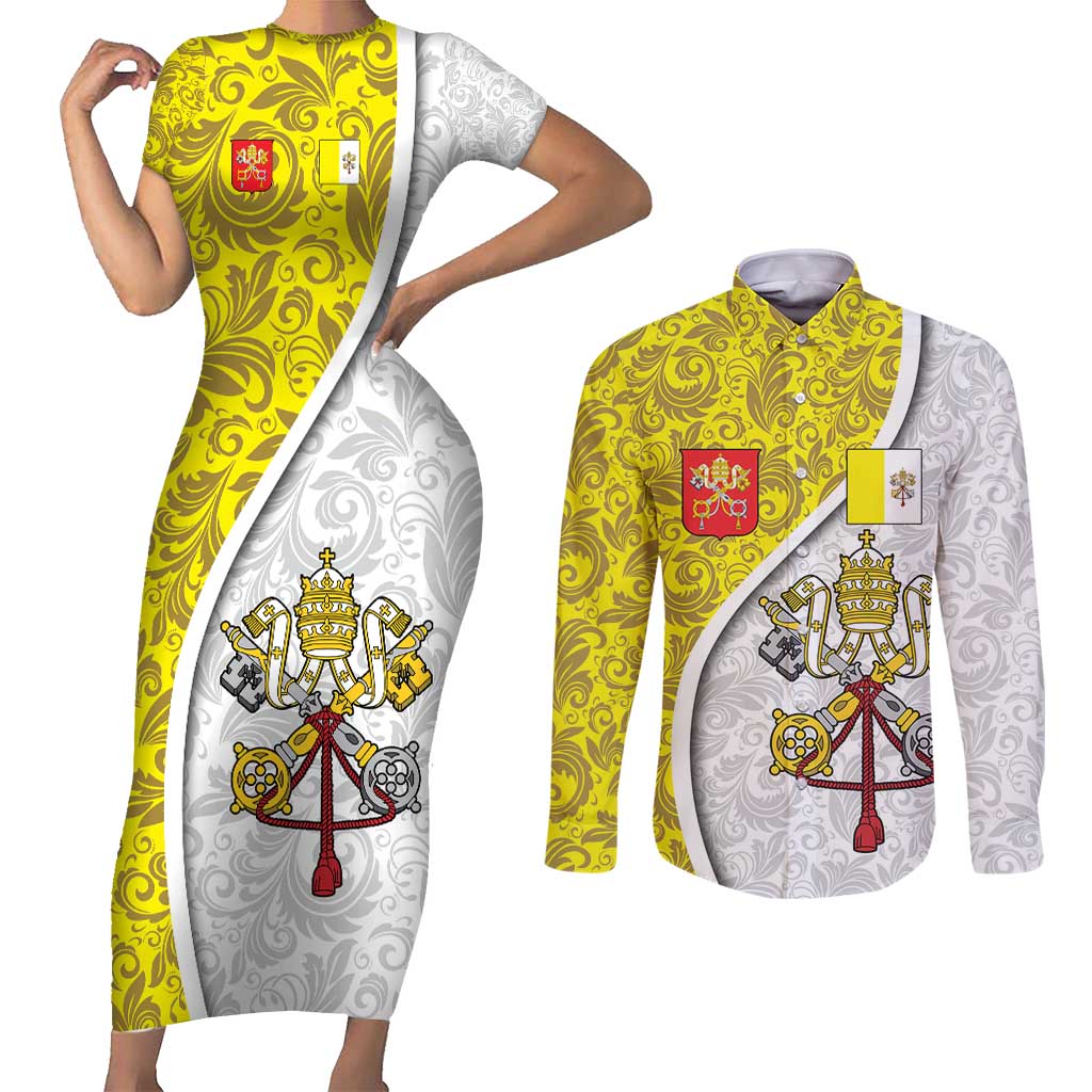 Vatican City Couples Matching Short Sleeve Bodycon Dress and Long Sleeve Button Shirt Papal Keys & Tiara Emblem with Gold Baroque Pattern