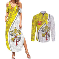 Vatican City Couples Matching Summer Maxi Dress and Long Sleeve Button Shirt Papal Keys & Tiara Emblem with Gold Baroque Pattern