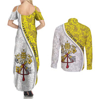 Vatican City Couples Matching Summer Maxi Dress and Long Sleeve Button Shirt Papal Keys & Tiara Emblem with Gold Baroque Pattern