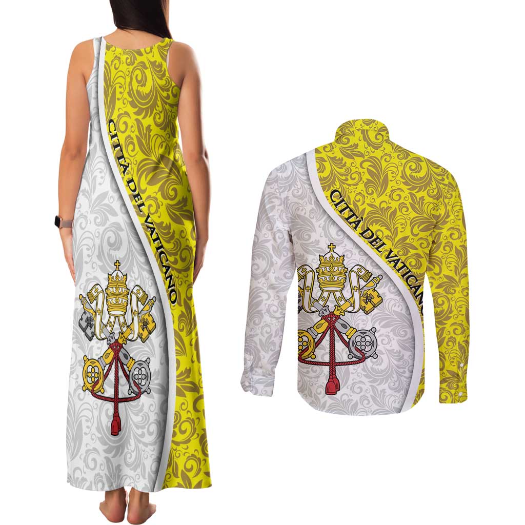 Vatican City Couples Matching Tank Maxi Dress and Long Sleeve Button Shirt Papal Keys & Tiara Emblem with Gold Baroque Pattern
