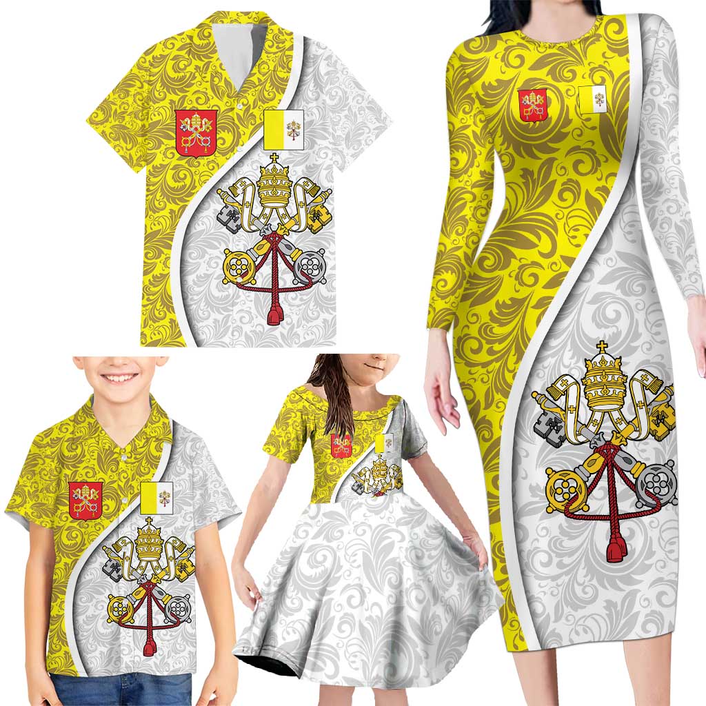 Vatican City Family Matching Long Sleeve Bodycon Dress and Hawaiian Shirt Papal Keys & Tiara Emblem with Gold Baroque Pattern