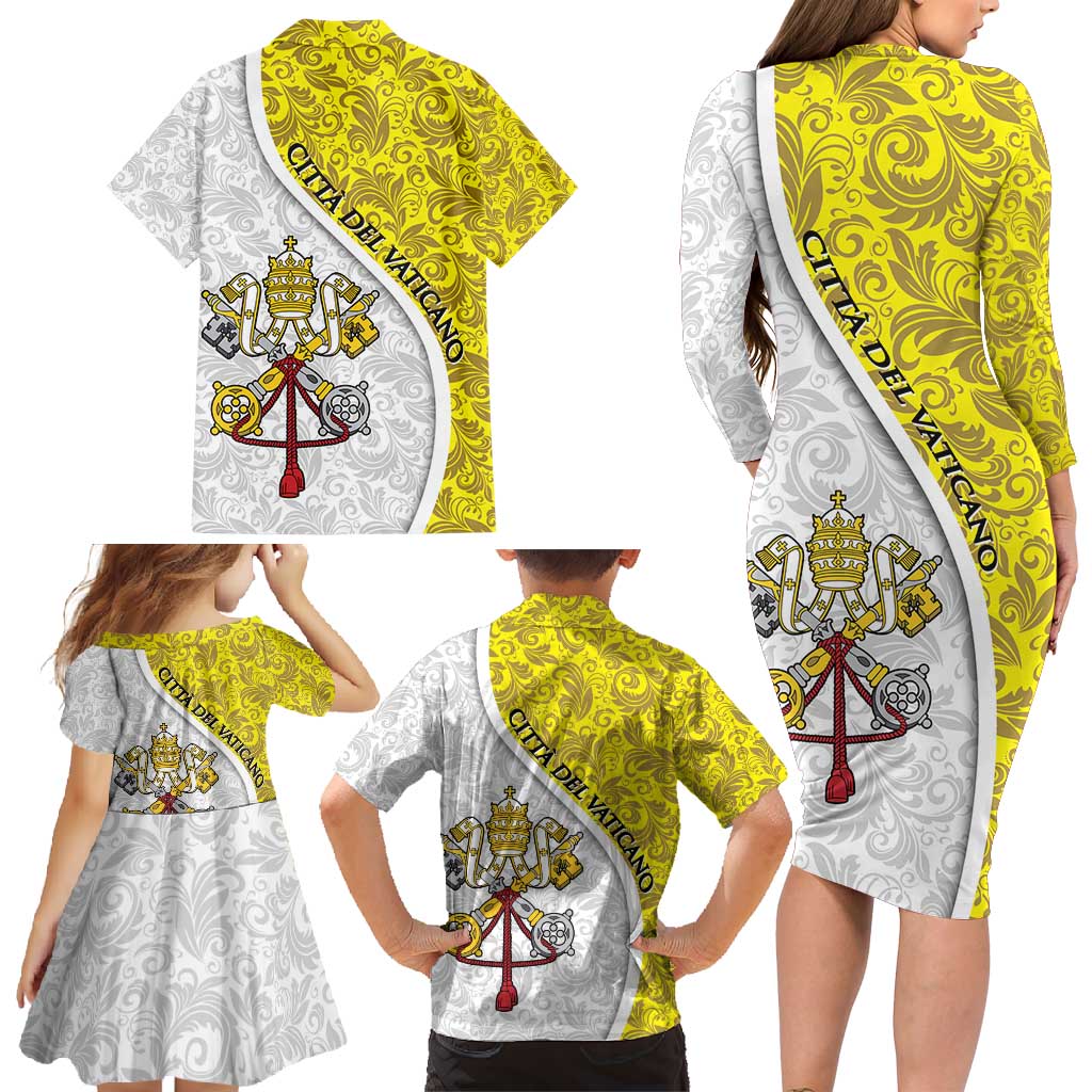 Vatican City Family Matching Long Sleeve Bodycon Dress and Hawaiian Shirt Papal Keys & Tiara Emblem with Gold Baroque Pattern