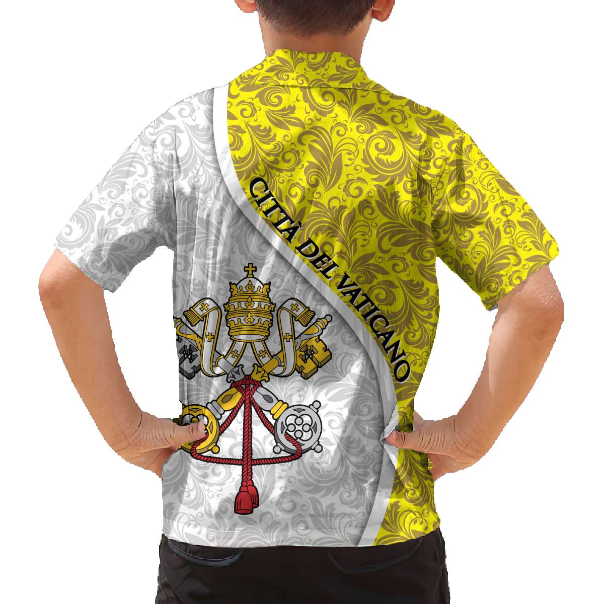 Vatican City Family Matching Off The Shoulder Long Sleeve Dress and Hawaiian Shirt Papal Keys & Tiara Emblem with Gold Baroque Pattern