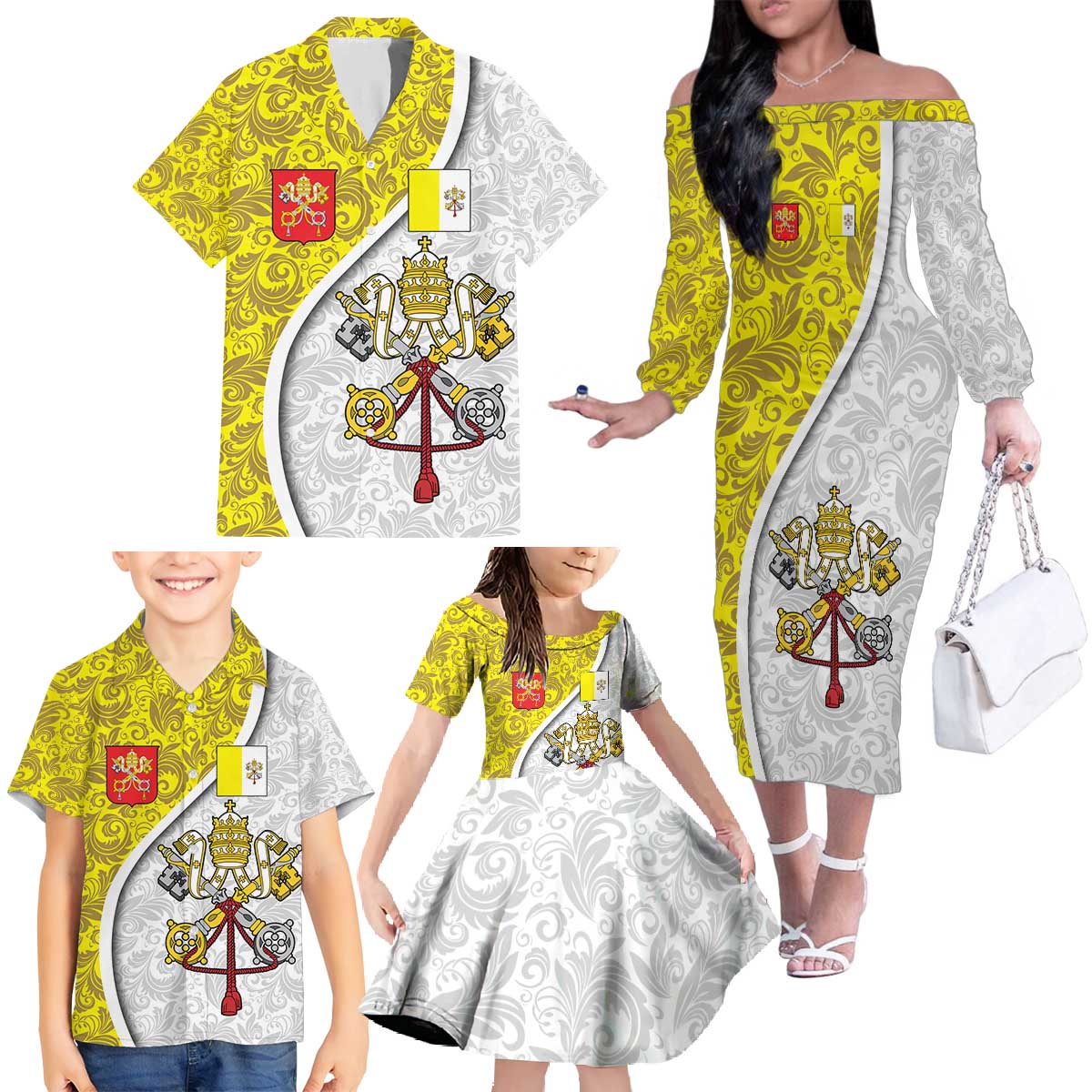 Vatican City Family Matching Off The Shoulder Long Sleeve Dress and Hawaiian Shirt Papal Keys & Tiara Emblem with Gold Baroque Pattern