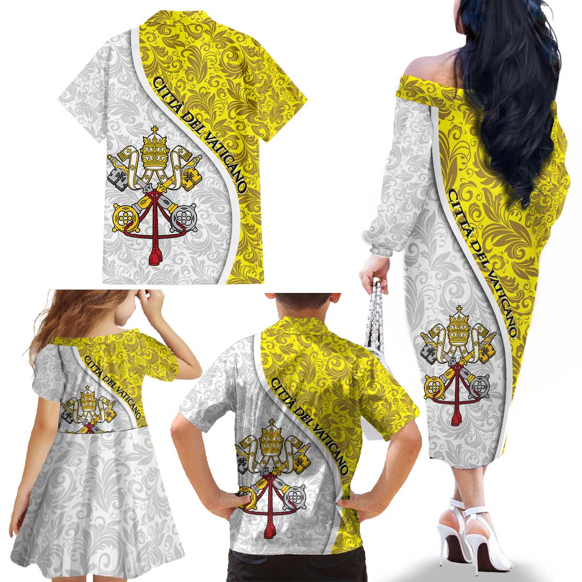 Vatican City Family Matching Off The Shoulder Long Sleeve Dress and Hawaiian Shirt Papal Keys & Tiara Emblem with Gold Baroque Pattern