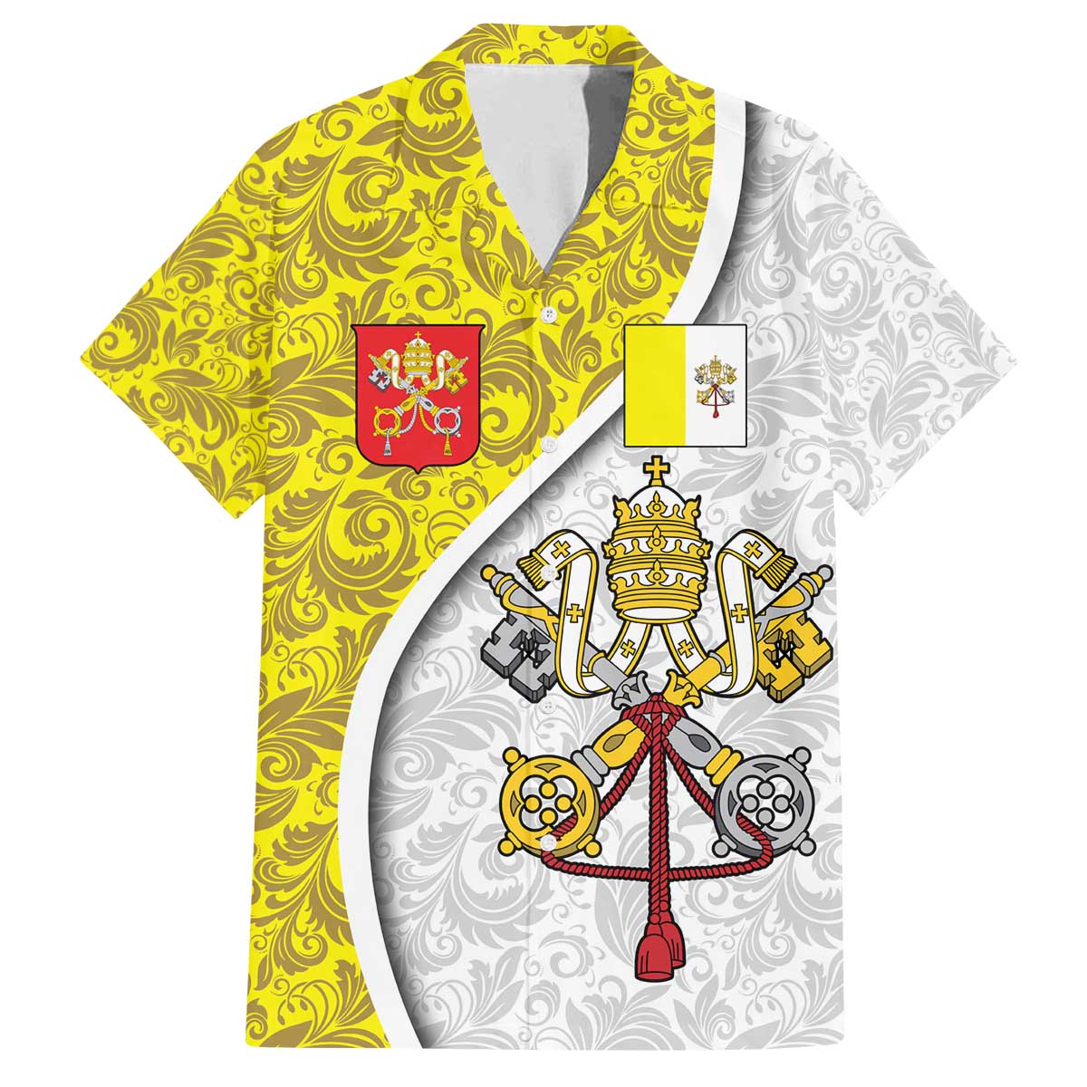 Vatican City Family Matching Off The Shoulder Long Sleeve Dress and Hawaiian Shirt Papal Keys & Tiara Emblem with Gold Baroque Pattern