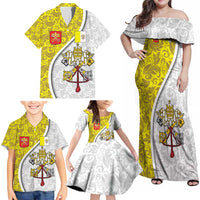Vatican City Family Matching Off Shoulder Maxi Dress and Hawaiian Shirt Papal Keys & Tiara Emblem with Gold Baroque Pattern