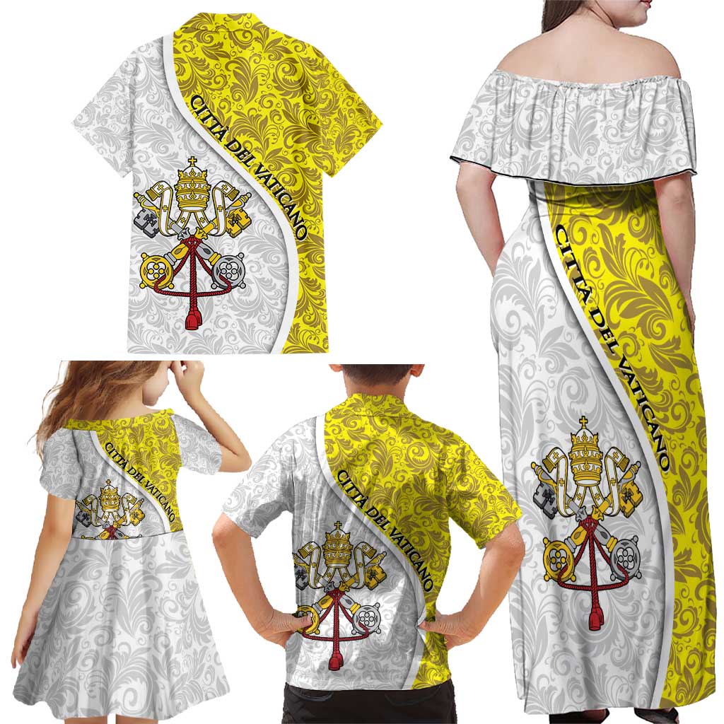 Vatican City Family Matching Off Shoulder Maxi Dress and Hawaiian Shirt Papal Keys & Tiara Emblem with Gold Baroque Pattern