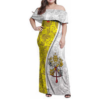 Vatican City Family Matching Off Shoulder Maxi Dress and Hawaiian Shirt Papal Keys & Tiara Emblem with Gold Baroque Pattern