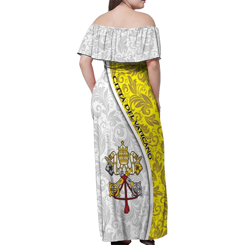 Vatican City Family Matching Off Shoulder Maxi Dress and Hawaiian Shirt Papal Keys & Tiara Emblem with Gold Baroque Pattern