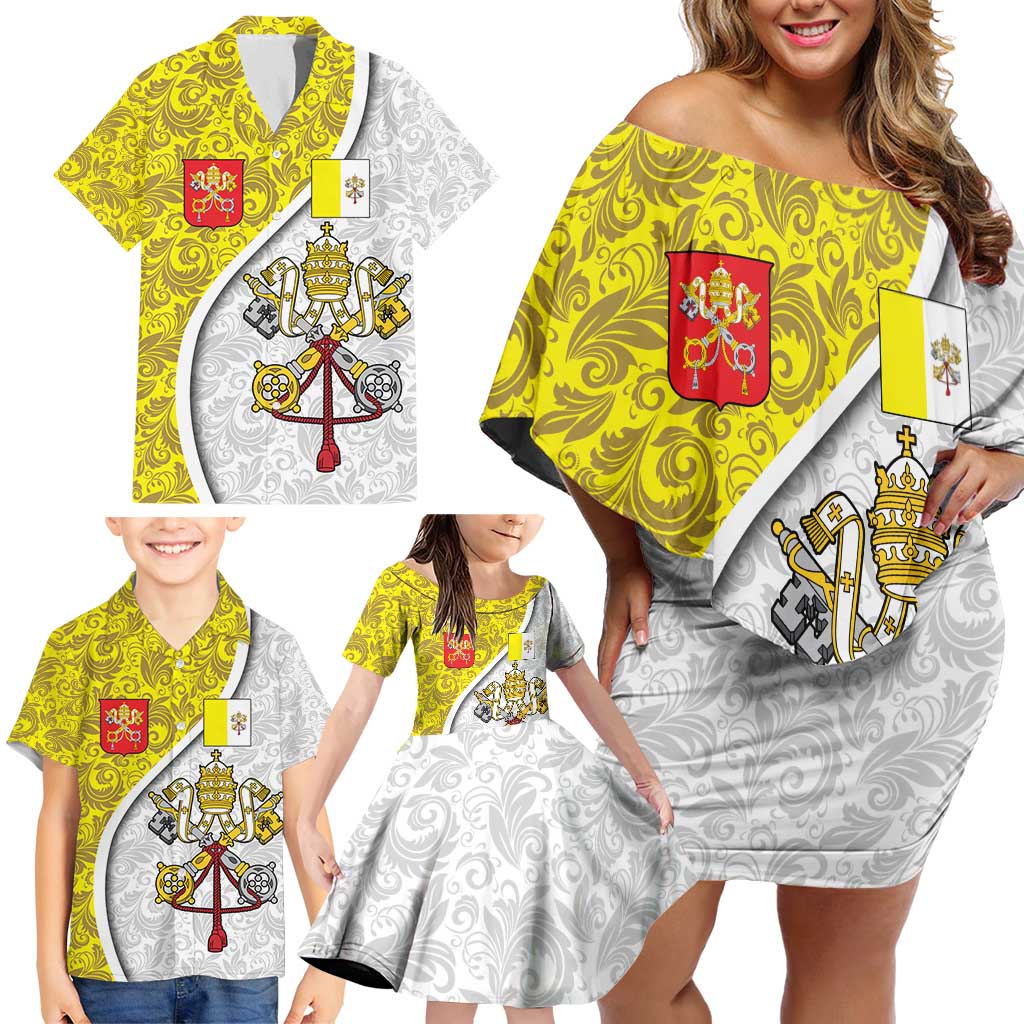 Vatican City Family Matching Off Shoulder Short Dress and Hawaiian Shirt Papal Keys & Tiara Emblem with Gold Baroque Pattern
