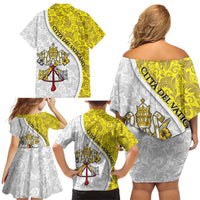 Vatican City Family Matching Off Shoulder Short Dress and Hawaiian Shirt Papal Keys & Tiara Emblem with Gold Baroque Pattern