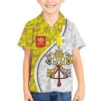 Vatican City Family Matching Off Shoulder Short Dress and Hawaiian Shirt Papal Keys & Tiara Emblem with Gold Baroque Pattern