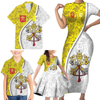 Vatican City Family Matching Short Sleeve Bodycon Dress and Hawaiian Shirt Papal Keys & Tiara Emblem with Gold Baroque Pattern