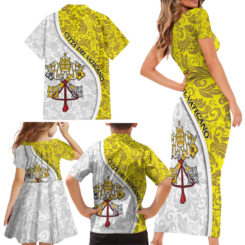 Vatican City Family Matching Short Sleeve Bodycon Dress and Hawaiian Shirt Papal Keys & Tiara Emblem with Gold Baroque Pattern