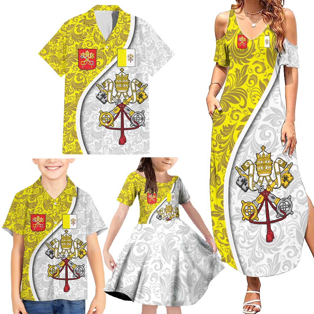 Vatican City Family Matching Summer Maxi Dress and Hawaiian Shirt Papal Keys & Tiara Emblem with Gold Baroque Pattern