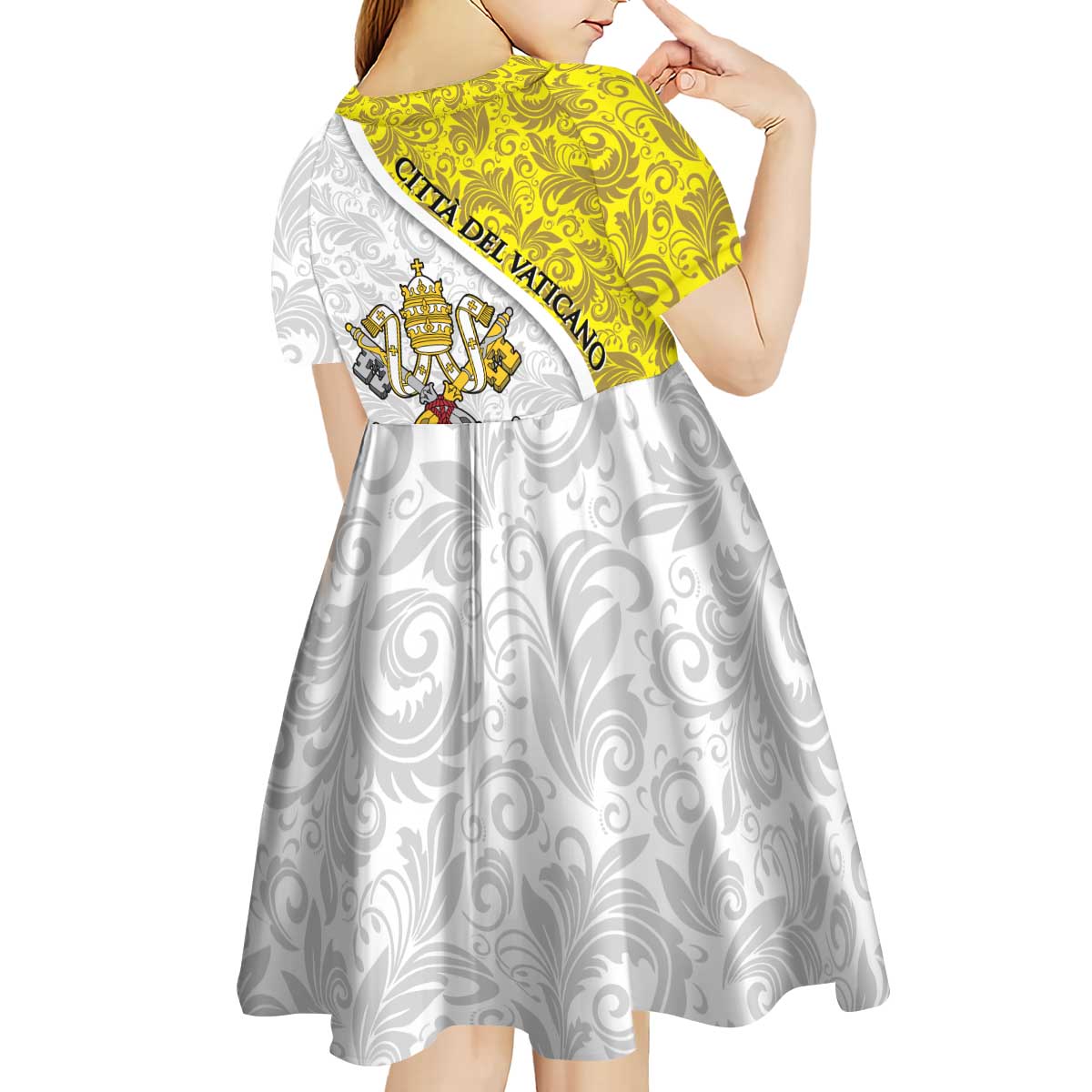 Vatican City Kid Short Sleeve Dress Papal Keys & Tiara Emblem with Gold Baroque Pattern