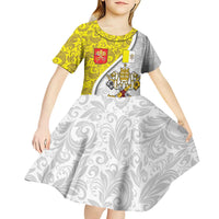 Vatican City Kid Short Sleeve Dress Papal Keys & Tiara Emblem with Gold Baroque Pattern