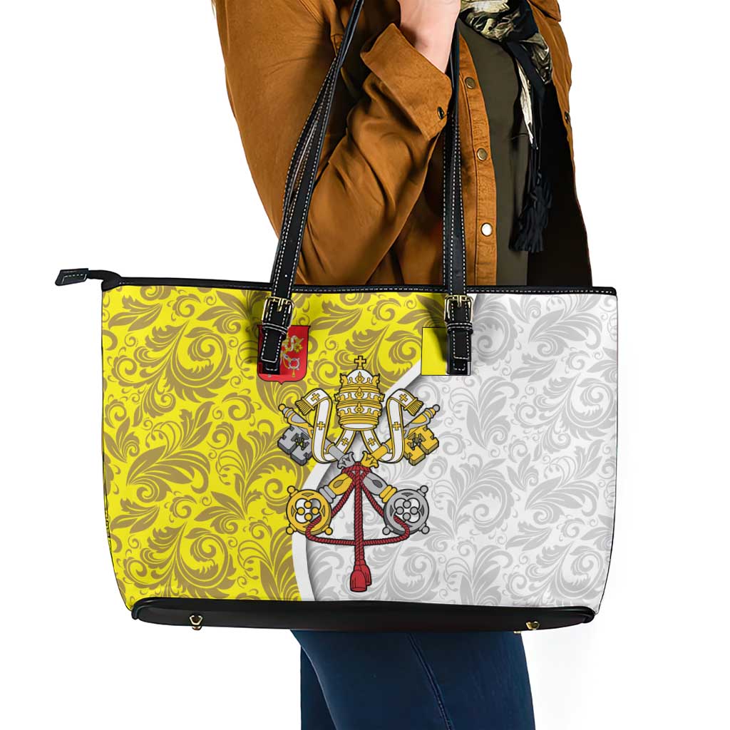Vatican City Leather Tote Bag Papal Keys & Tiara Emblem with Gold Baroque Pattern