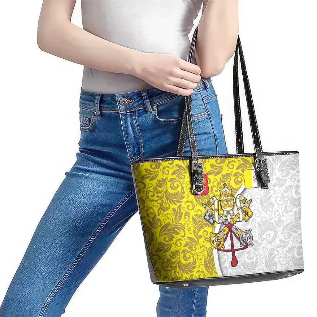 Vatican City Leather Tote Bag Papal Keys & Tiara Emblem with Gold Baroque Pattern