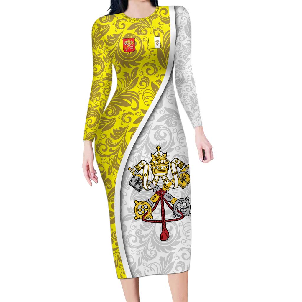 Vatican City Long Sleeve Bodycon Dress Papal Keys & Tiara Emblem with Gold Baroque Pattern