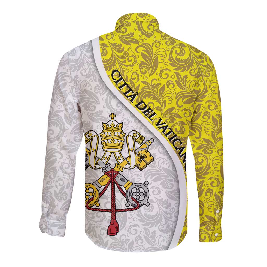 Vatican City Long Sleeve Button Shirt Papal Keys & Tiara Emblem with Gold Baroque Pattern