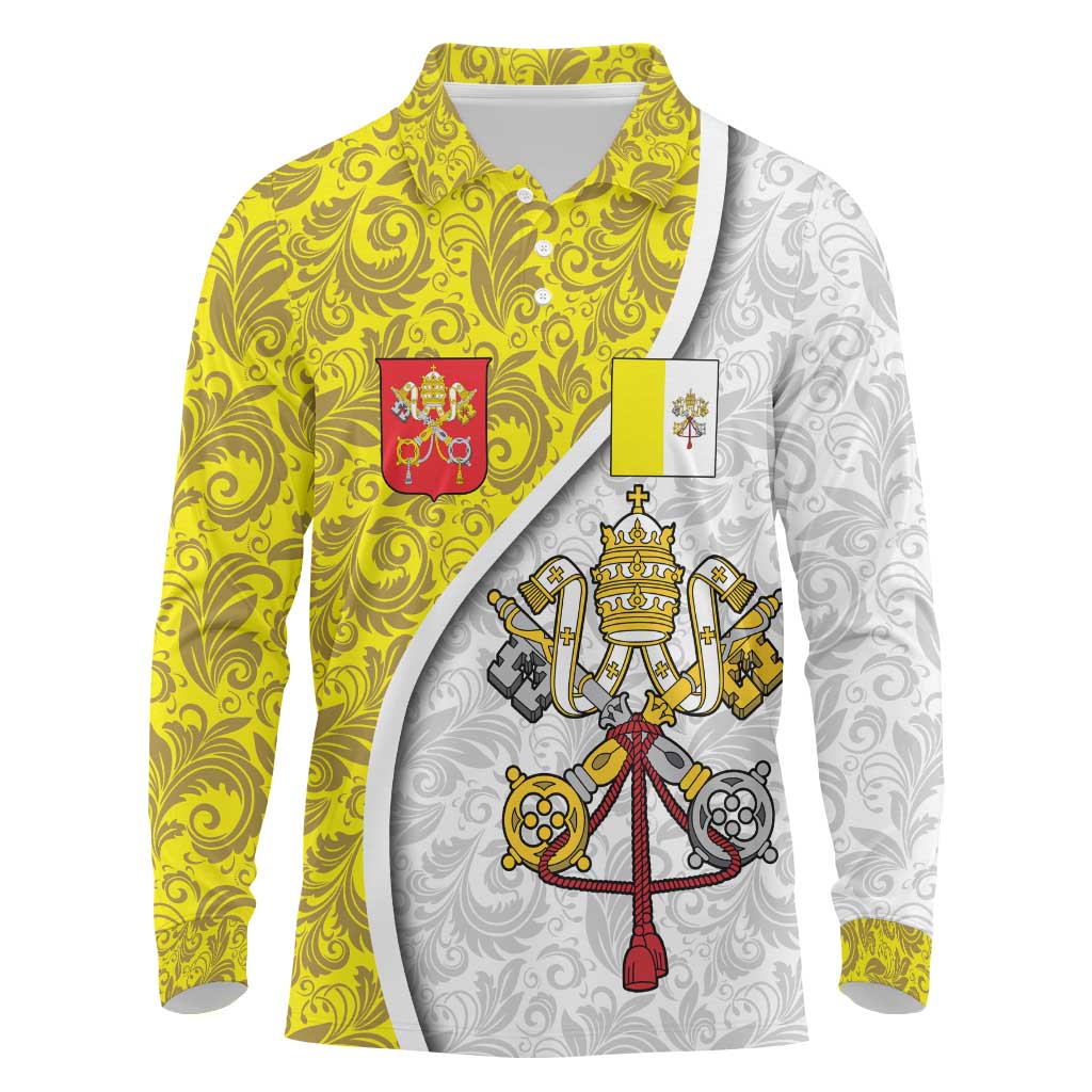 Vatican City Long Sleeve Polo Shirt Papal Keys & Tiara Emblem with Gold Baroque Pattern