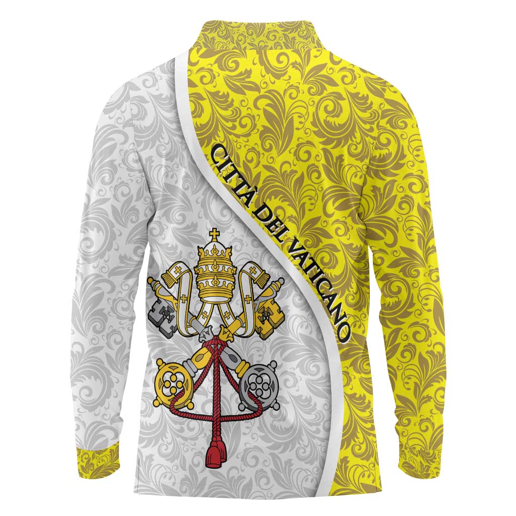 Vatican City Long Sleeve Polo Shirt Papal Keys & Tiara Emblem with Gold Baroque Pattern