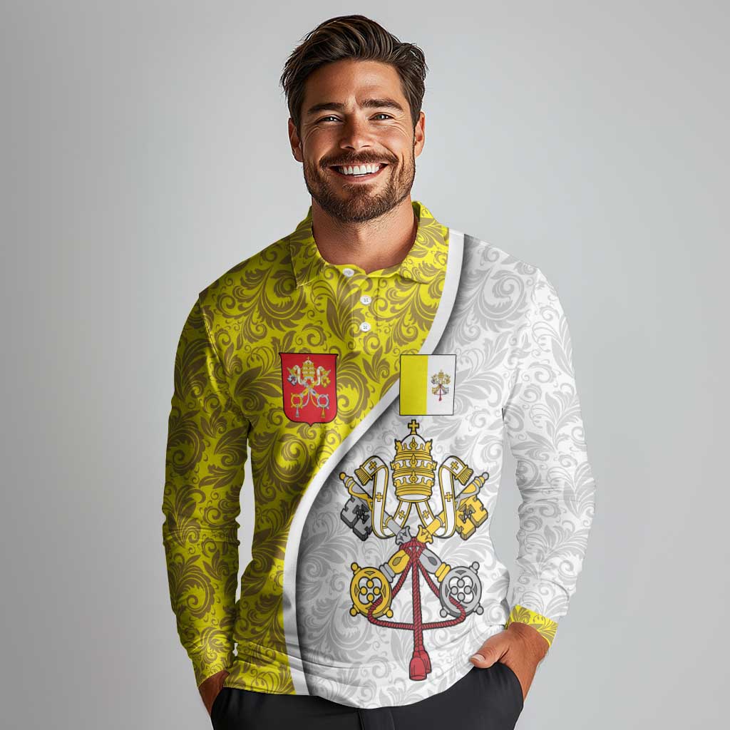 Vatican City Long Sleeve Polo Shirt Papal Keys & Tiara Emblem with Gold Baroque Pattern