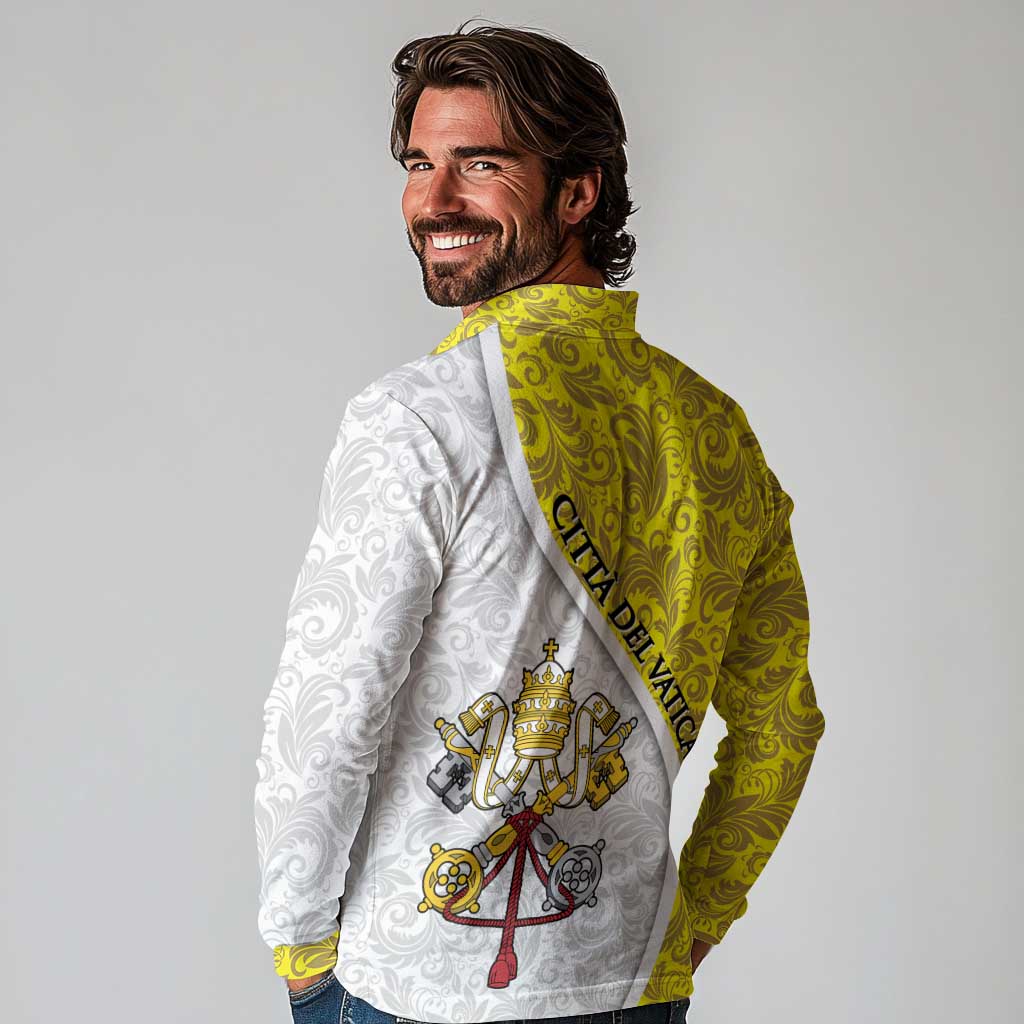 Vatican City Long Sleeve Polo Shirt Papal Keys & Tiara Emblem with Gold Baroque Pattern