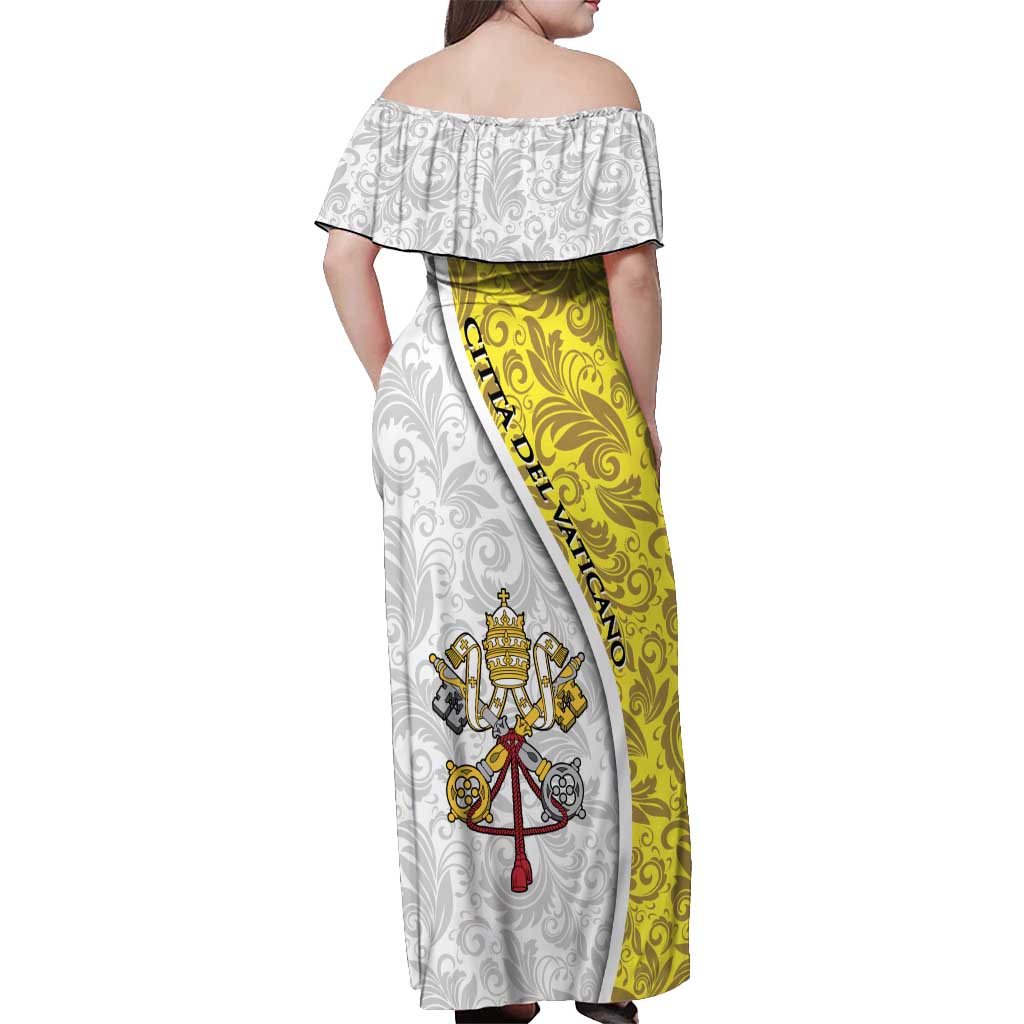 Vatican City Off Shoulder Maxi Dress Papal Keys & Tiara Emblem with Gold Baroque Pattern