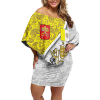 Vatican City Off Shoulder Short Dress Papal Keys & Tiara Emblem with Gold Baroque Pattern
