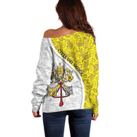 Vatican City Off Shoulder Sweater Papal Keys & Tiara Emblem with Gold Baroque Pattern
