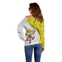 Vatican City Off Shoulder Sweater Papal Keys & Tiara Emblem with Gold Baroque Pattern